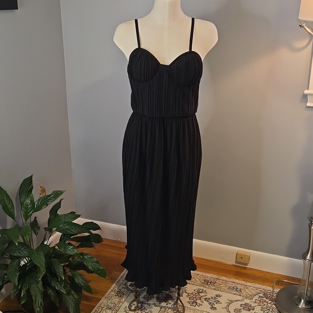 DKNY Black Micro Pleated Bustier Corset Ruffle Hem Back Zip Midi Dress Size 4